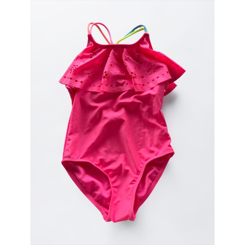 Cat & Jack Girls Pink One Piece Swimsuit Eyelet Ruffle Rainbow Straps S 6/7 NWT